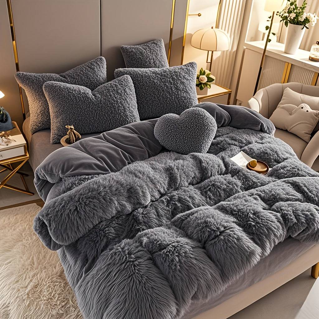 4-Piece Fluffy Bedding Set, Soft Comforter Set with Duvet Cover, Bed Sheet and 2 Pillowcases, Queen/King Size