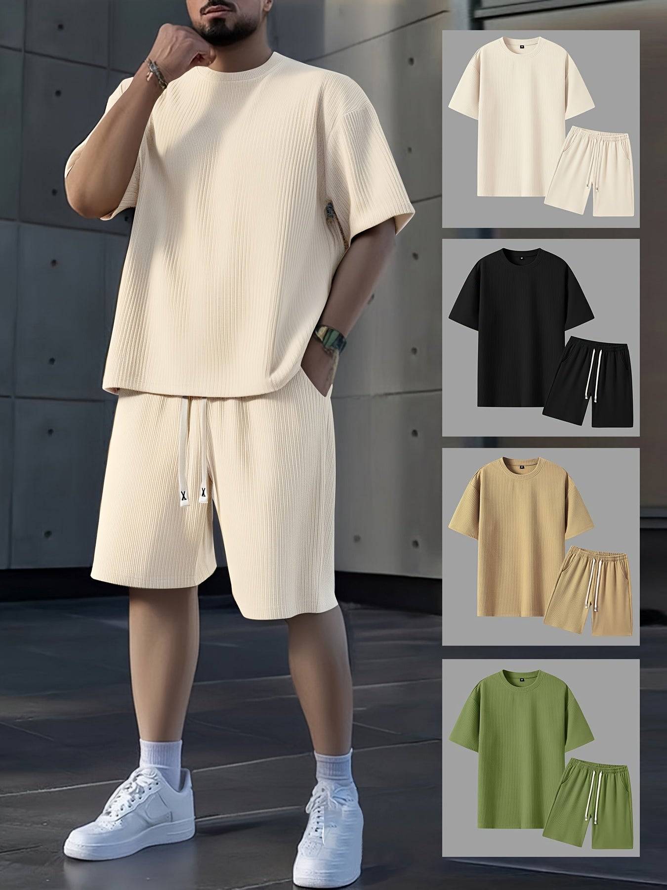 2pcs Men’s Summer Outfit Set – Short-Sleeve T-Shirt & Stretch Shorts in Textured Jacquard Fabric for Casual, Fitness & Beach Wear