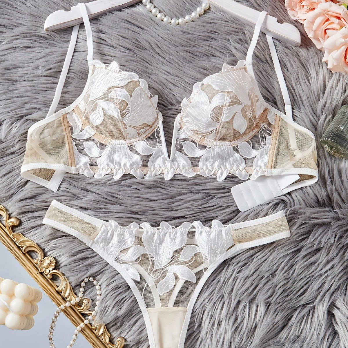 Women's Mesh Floral Embroidery Lingerie Set – Transparent Deep V Bra & Underwear, Elegant Matching Set