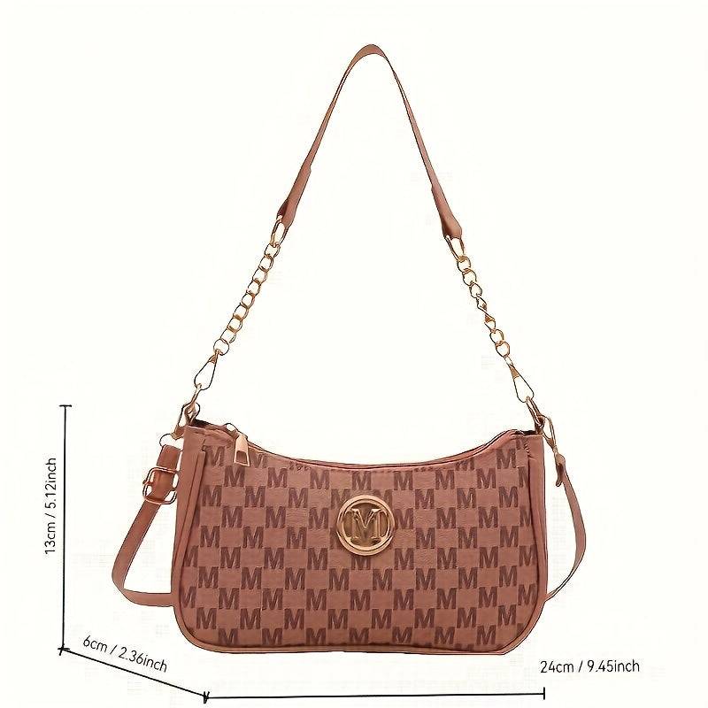 Women’s Vintage Crossbody Bag – Checkered Print, Gold Accents, Detachable Chain, Black & White