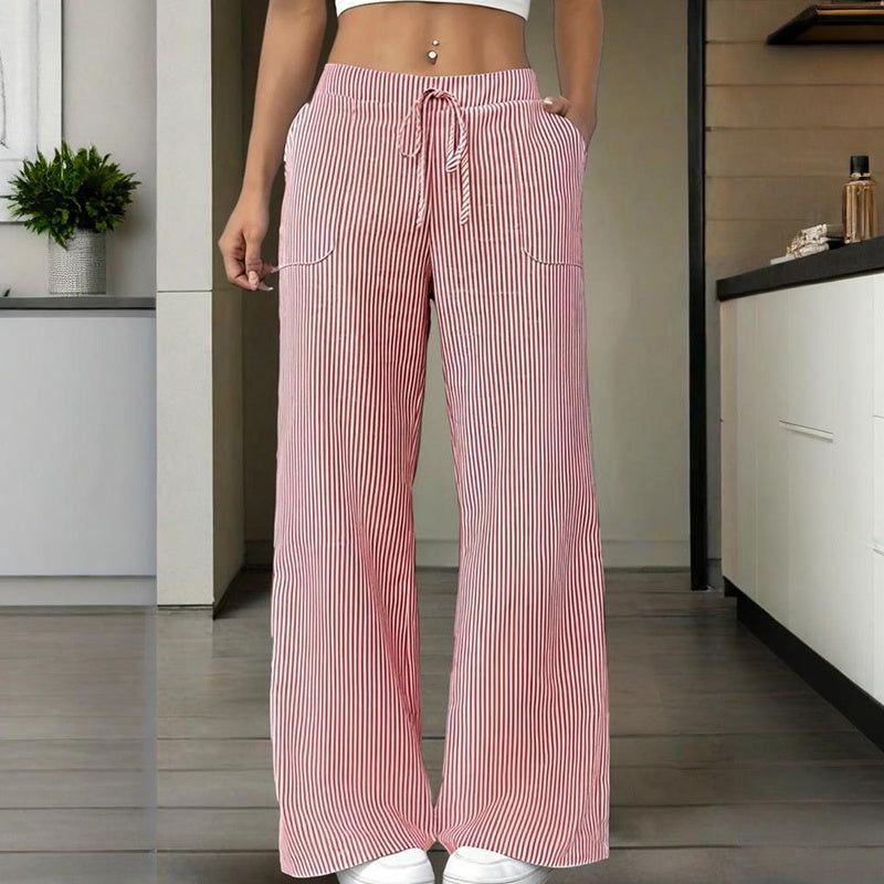 Striped Wide Leg Pants with Tie Waist and Side Pockets