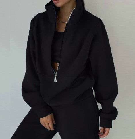 Women Two Piece Set Fleece Solid Color Casual Suit