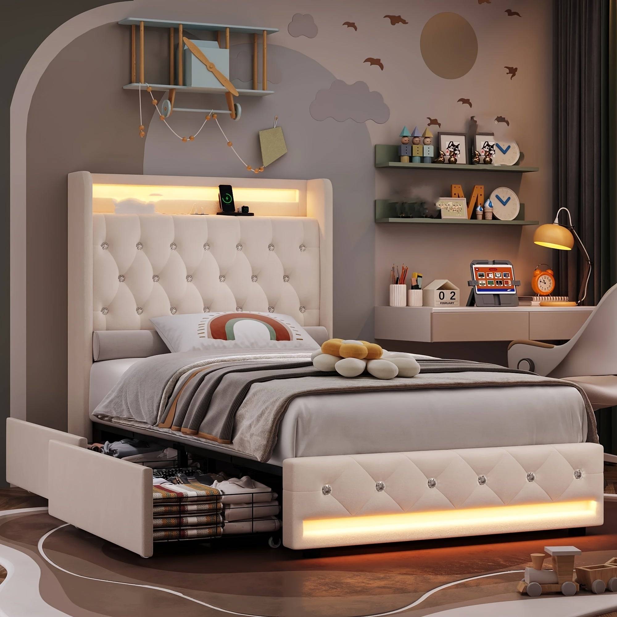 FULTRU Bed Frame with 4 Storage Drawers, LED Velvet Platform with USB Ports and Tufted Wingback Headboard
