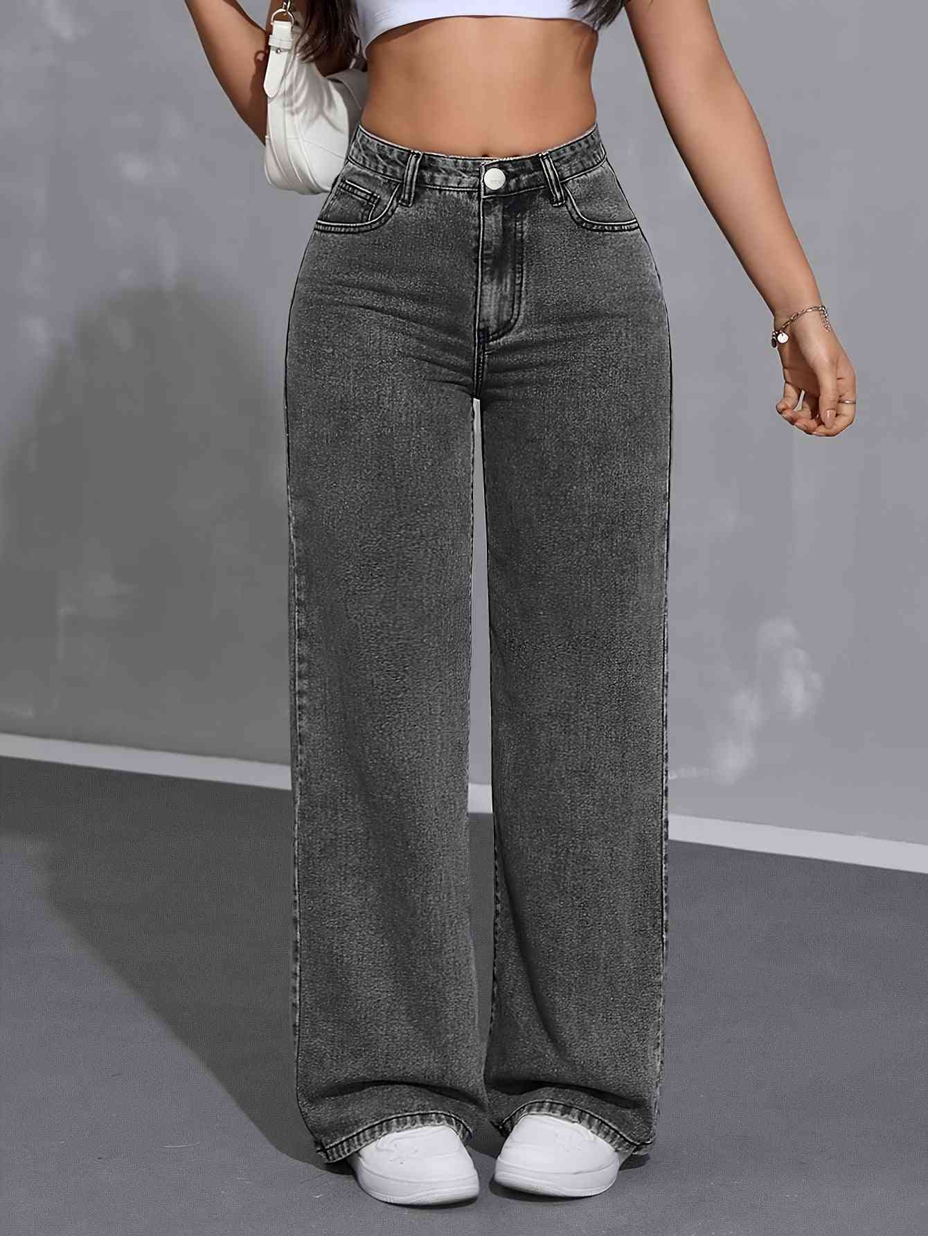Plus Size Wide-Leg Jeans for Women High Waist Stretch Fit in Black or Grey Loose & Casual Style