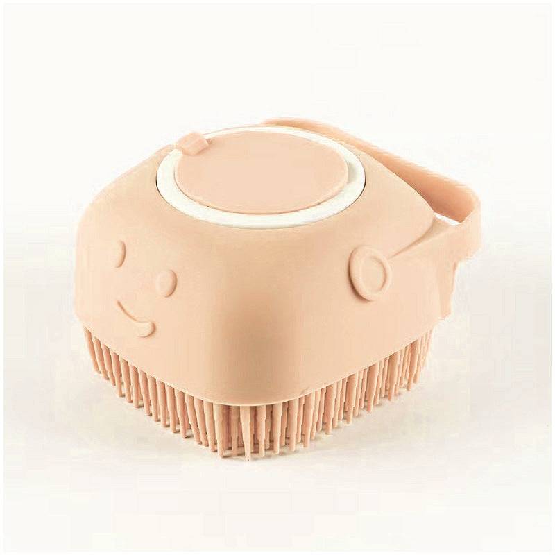 Dog and cat bath brush with shampoo dispenser, soft silicone bristles, ideal for long and short hair during shower