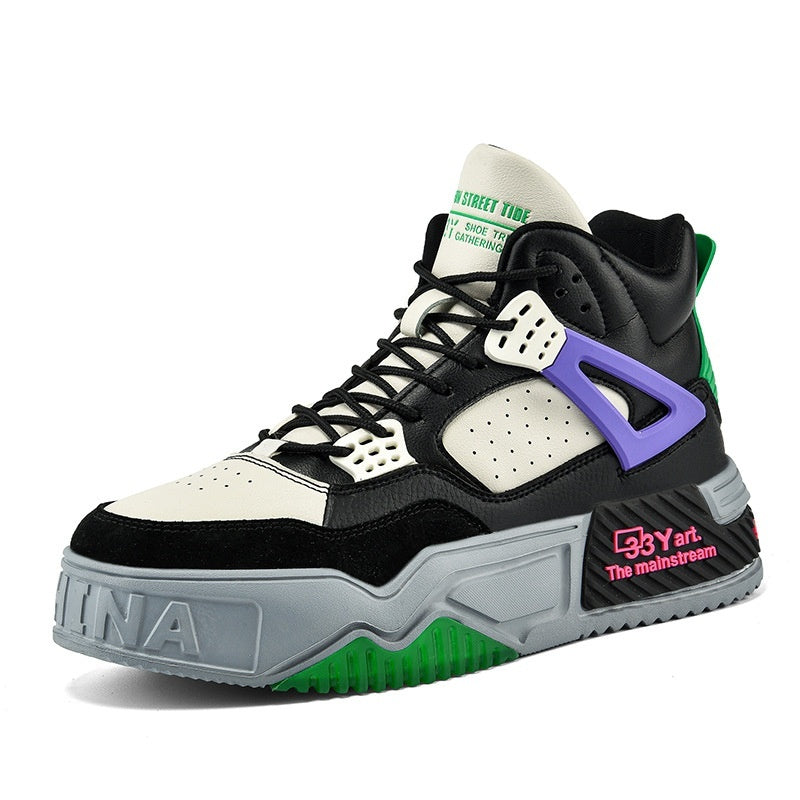 Men’s High-Top Platform Sneakers Microfiber Lace-Up Combat Style Breathable Sports Shoes