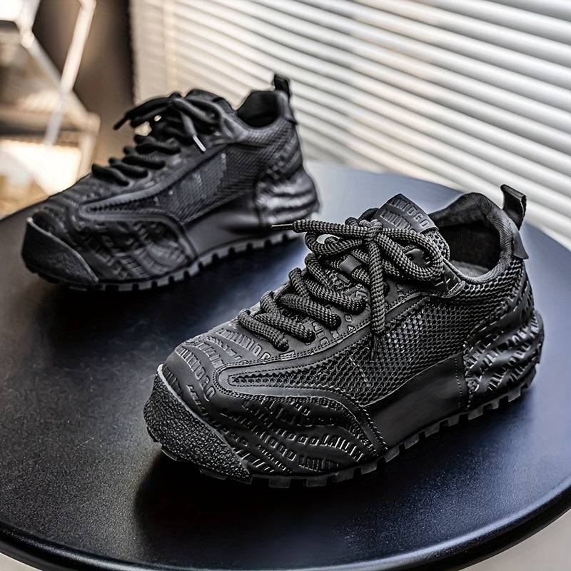 Men's plus size mesh sneakers with lace-up, mid-top, thick non-slip rubber sole, durable PU upper and cushioning, all-season comfort.