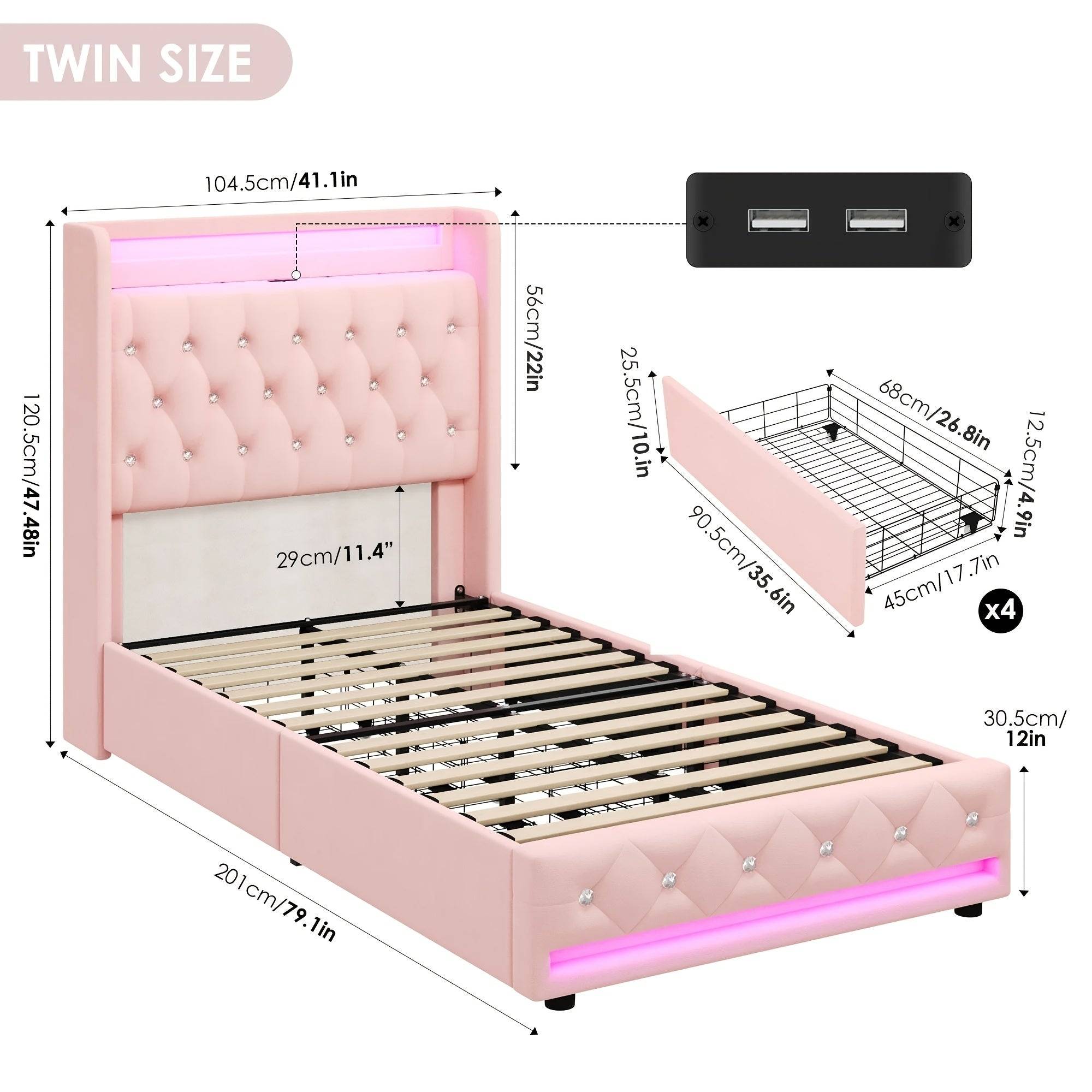 FULTRU Bed Frame with 4 Storage Drawers, LED Velvet Platform with USB Ports and Tufted Wingback Headboard
