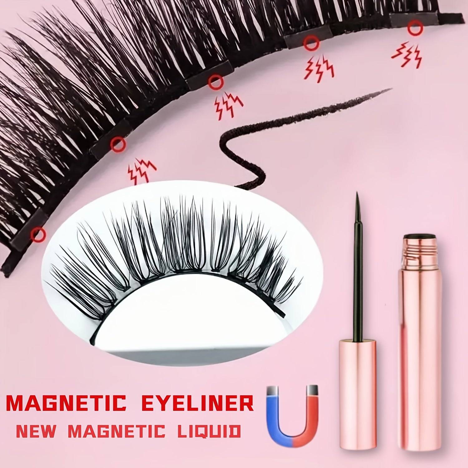 Magnetic eyeliner with new magnetic liquid formula shown with lashes attaching via red magnetic points for long-lasting wear.