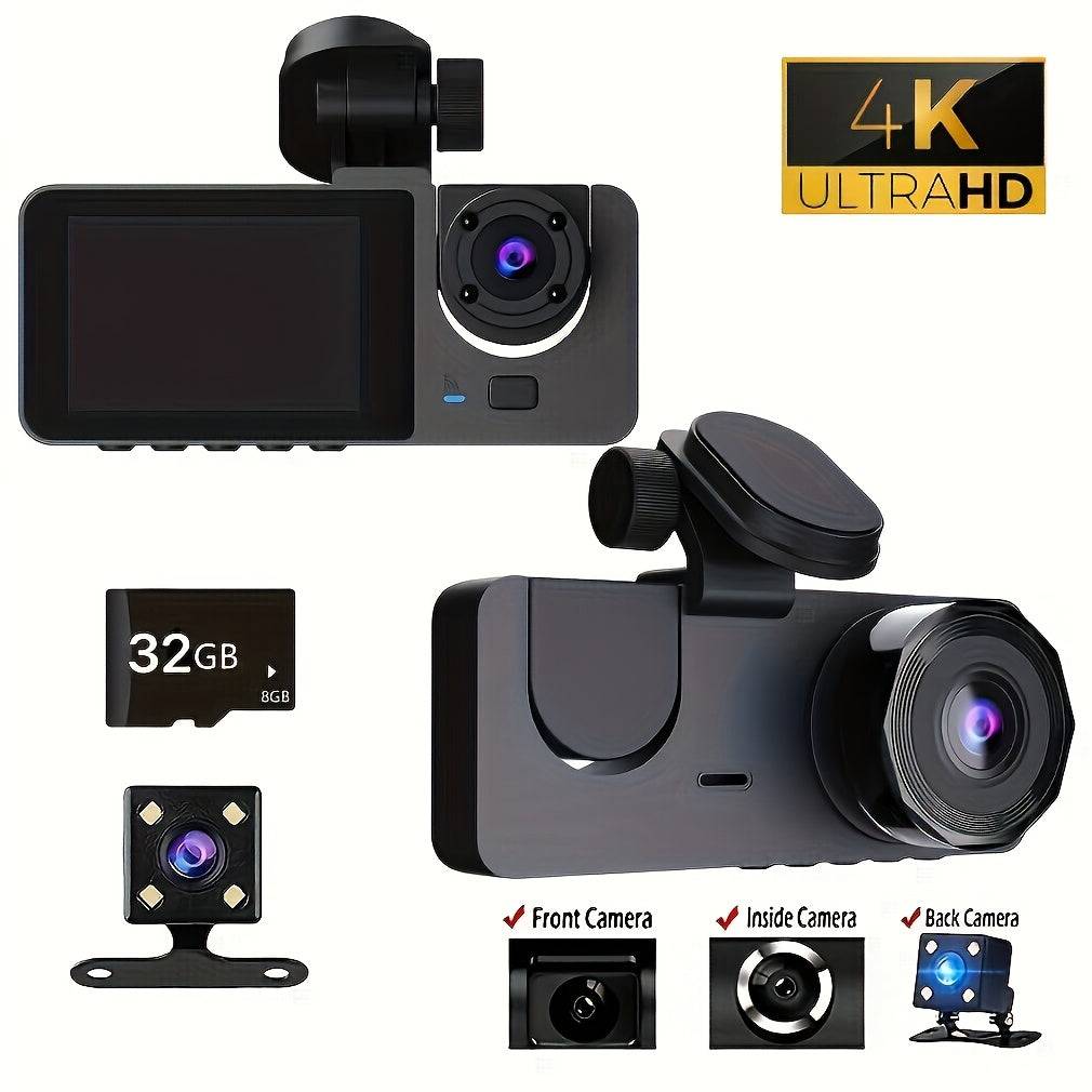 HD Dash Cam for Cars with 32GB SD Card featuring front, inside, and waterproof rear cameras, 4K Ultra HD resolution, and night vision.