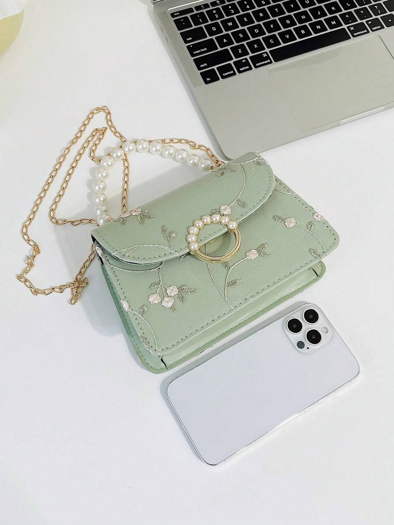Women’s Small Square Bag with Pearl Handle Embroidered Design and Lace Chain Crossbody Strap