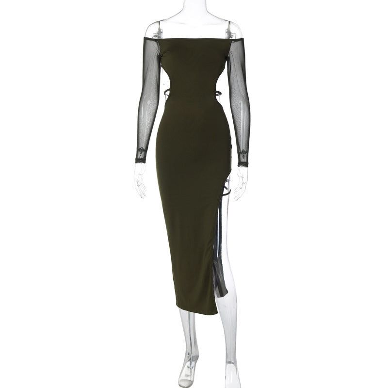 Women’s Off-Shoulder Backless Dress Long Sleeve High Waist Solid Color Mid-Length Slim Fit Skirt