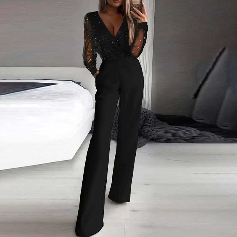 V Neck Mesh and Sequin Jumpsuit with Straight Leg Fit