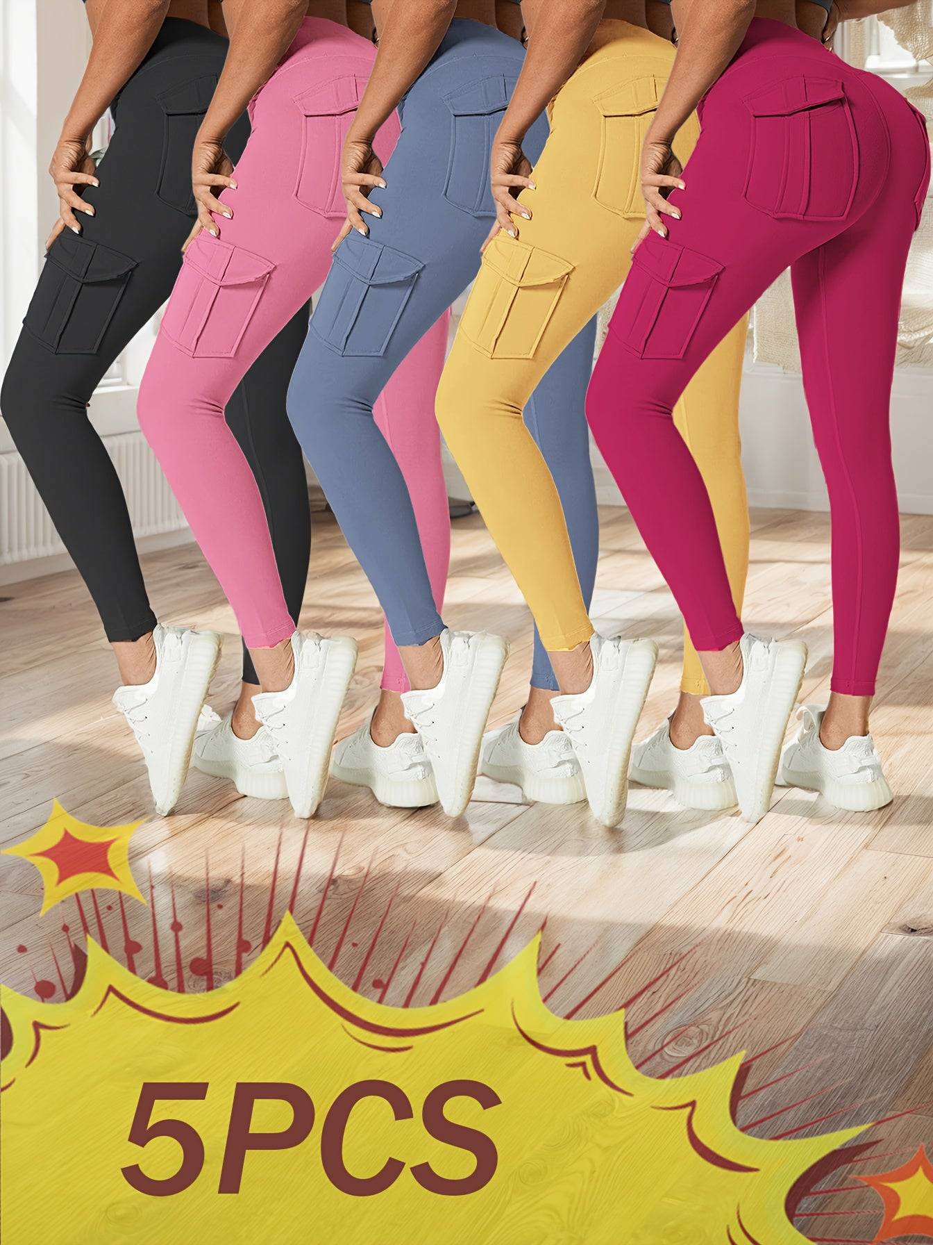 5-Pack Women's High-Waist Leggings with 4 Pockets, Butt-Lifting Tummy Control Workout Pants, 4-Way Stretch Cargo Sports Leggings Set