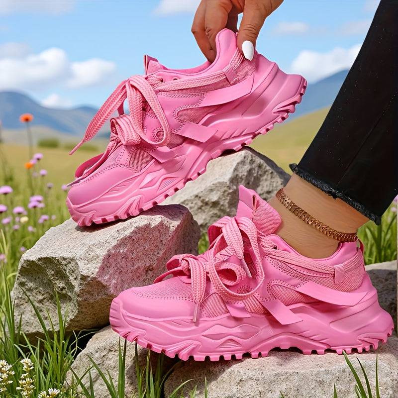 Women’s High-Top Neon Pink Sneakers – Breathable Mesh Lace-Up Shoes with Ribbon Accents & TPR Sole for Casual All-Season Streetwear