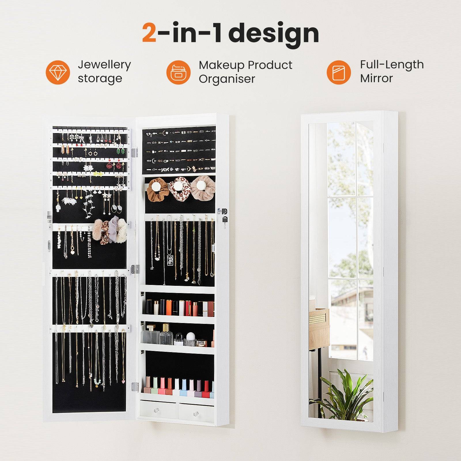 Wall Mounted Jewelry Armoire with Mirror and LED Lights