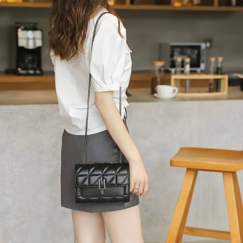Small Black Belt Bag with Chain Strap – Scottish Pattern, Lock Closure, Faux Leather, Light Luxury Style