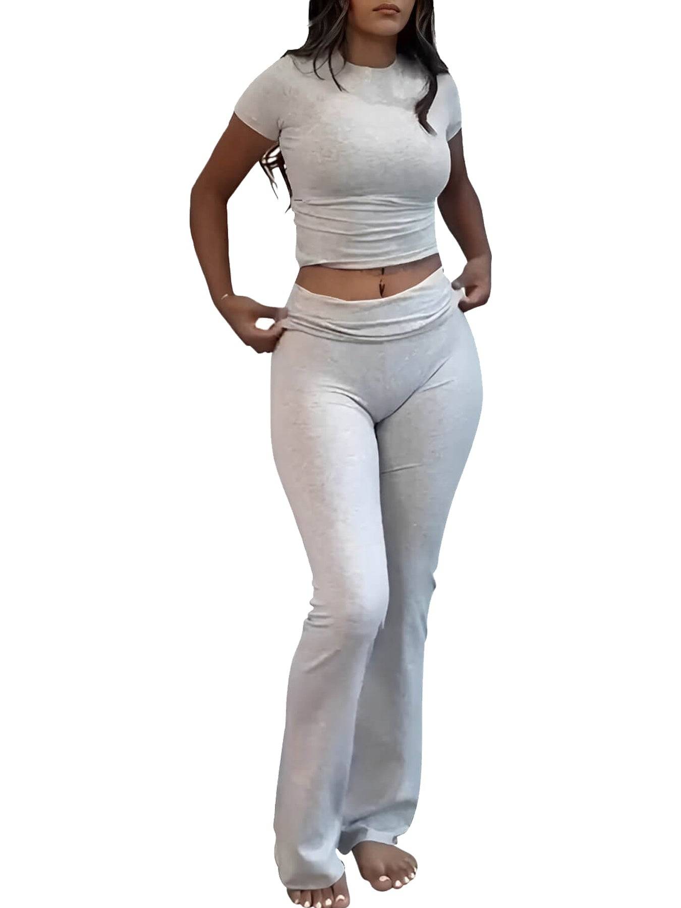 Womens Two Piece Set Slim Fit Crewneck Tee and Flared Pants