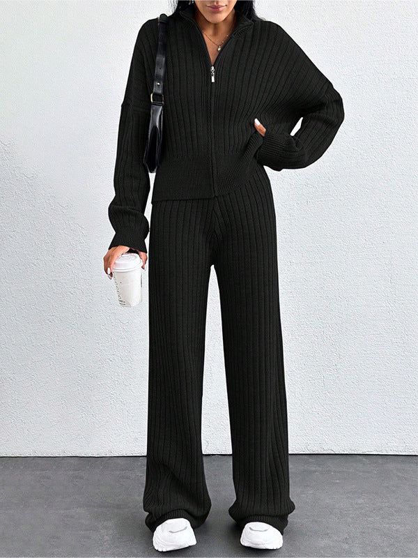 Women's Casual Two-Piece Set for Fall and Winter, Loose Fit Zip-Up Top and Pants