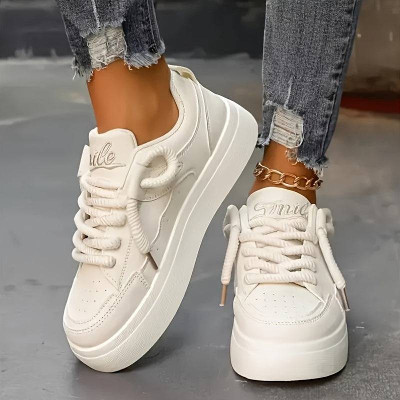 Women’s White Lace-Up Low-Top Sneakers – Thick Sole, Breathable Comfort, Fashion Casual Style