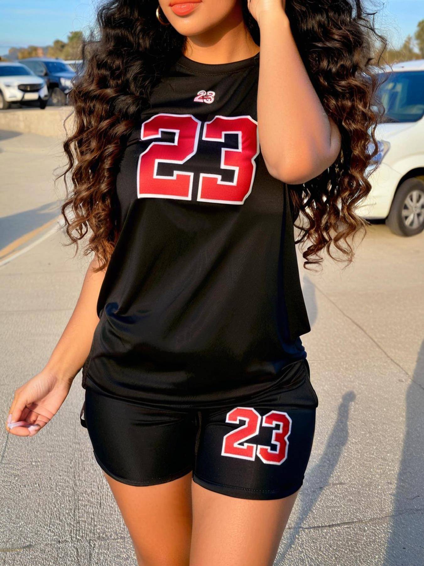 Women’s Casual T-Shirt with 23 Number Print, Short Sleeve Motorcycle Style Top, Comfortable 180g Fabric