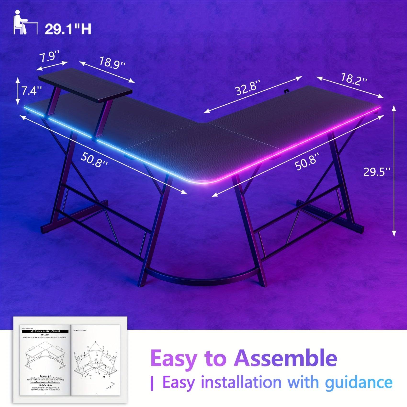 51" L-Shaped Gaming Desk, Black Corner Computer Table with Cup Holder, Headphone Hook, RGB Light Strip and Display Stand, Dual Workstation for Home Office or Game Room
