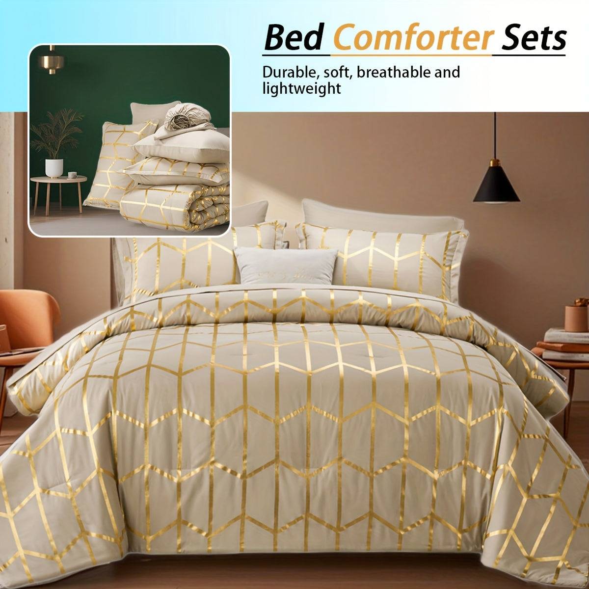 5/7-Piece Golden Foil Comforter Set, Soft Microfiber Queen Bedding with Pillowcases and Sheets, All-Season Easy-Care