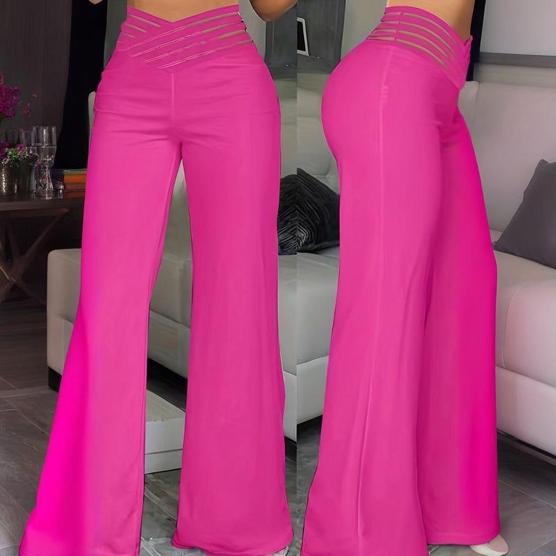 High Waist Mesh Patchwork Pants with Elegant Cross Detail