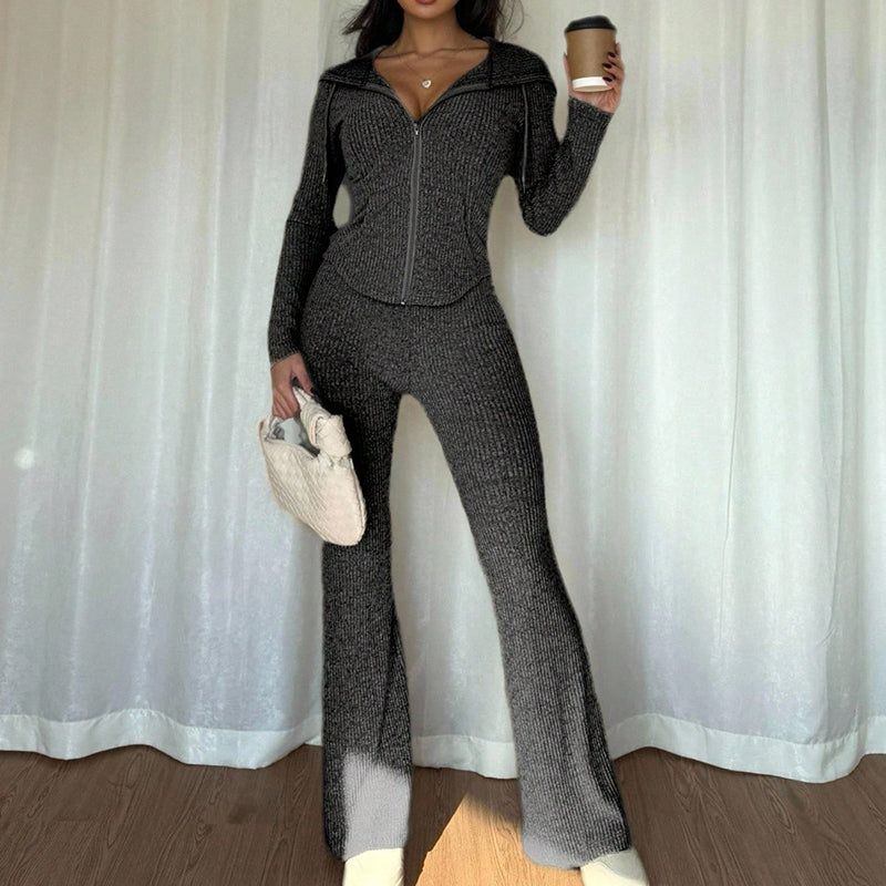 Womens Two Piece Set Hooded Jacket Flare Pants