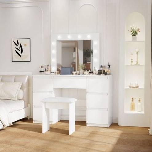 Large White Vanity Desk with Mirror LED