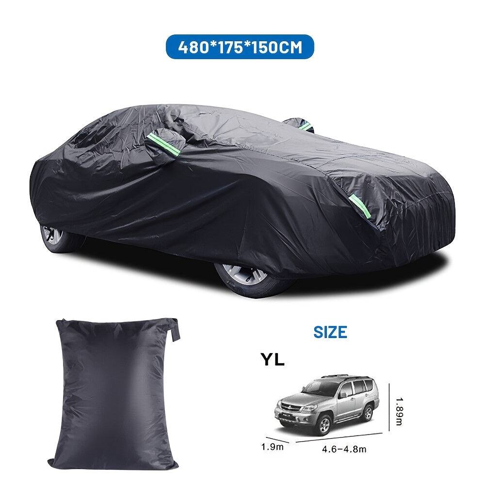 Premium Black Car Cover with Reflective Safety Strip, 190T Silvery-Coated Fabric for Sun Protection, Fits SUVs up to 190 Inches