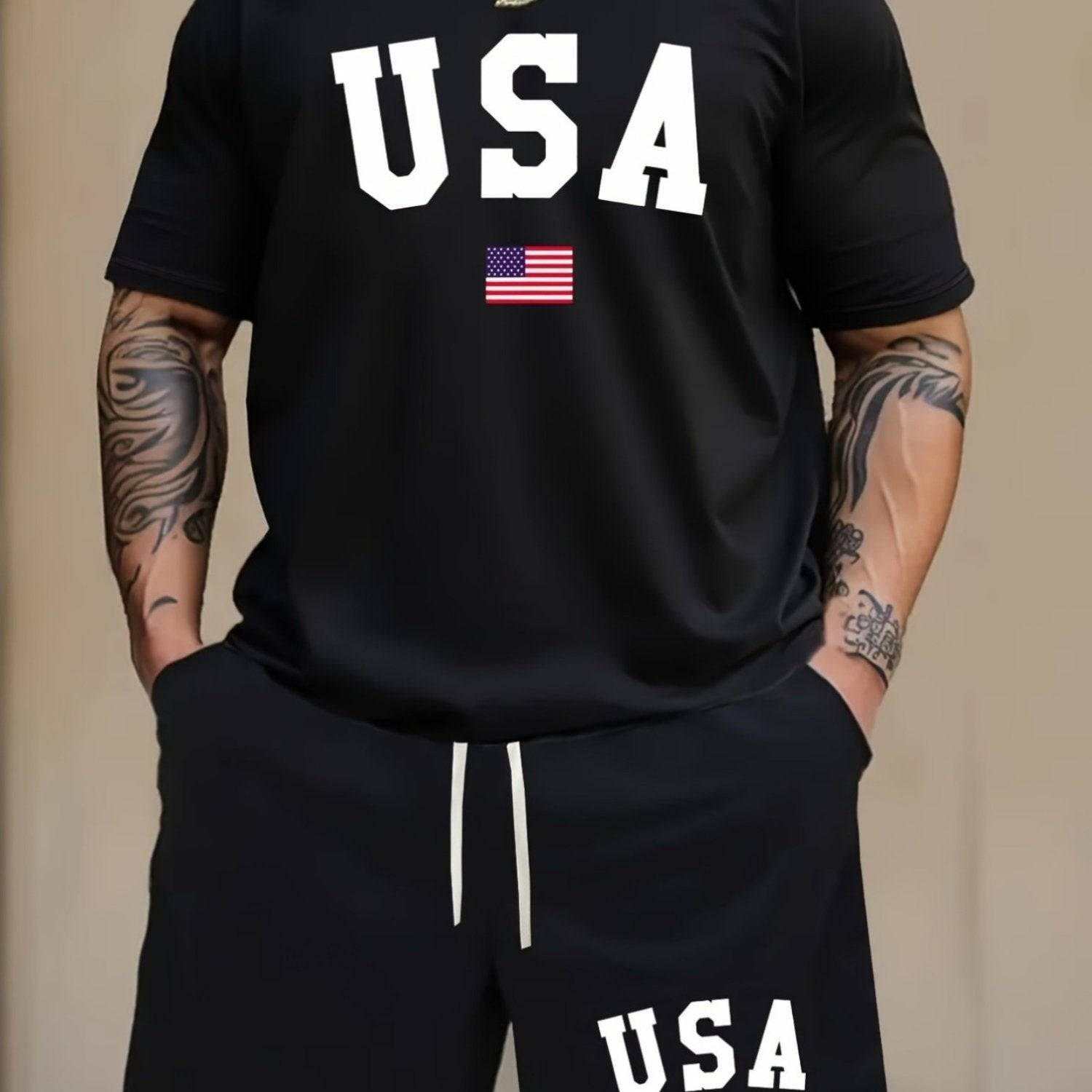 Men's short-sleeve casual T-shirt with American letter print, regular fit, machine washable, lightweight summer top