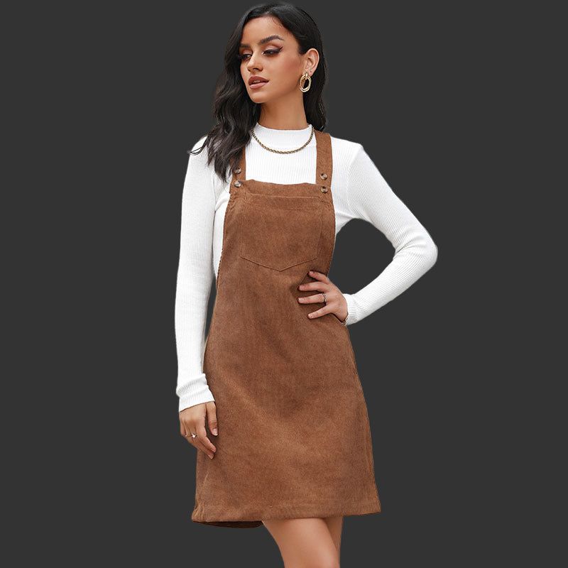 Women’s Retro Corduroy Strap Dress A-Line Pinafore Style Sleeveless Casual Outfit for Autumn and Winter