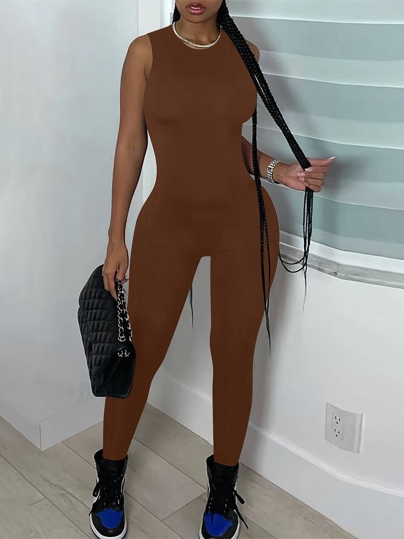 Women’s High-Waisted Sleeveless Jumpsuit – Stretchy Round Neck Solid Color Romper for All-Season Casual & Sporty Wear