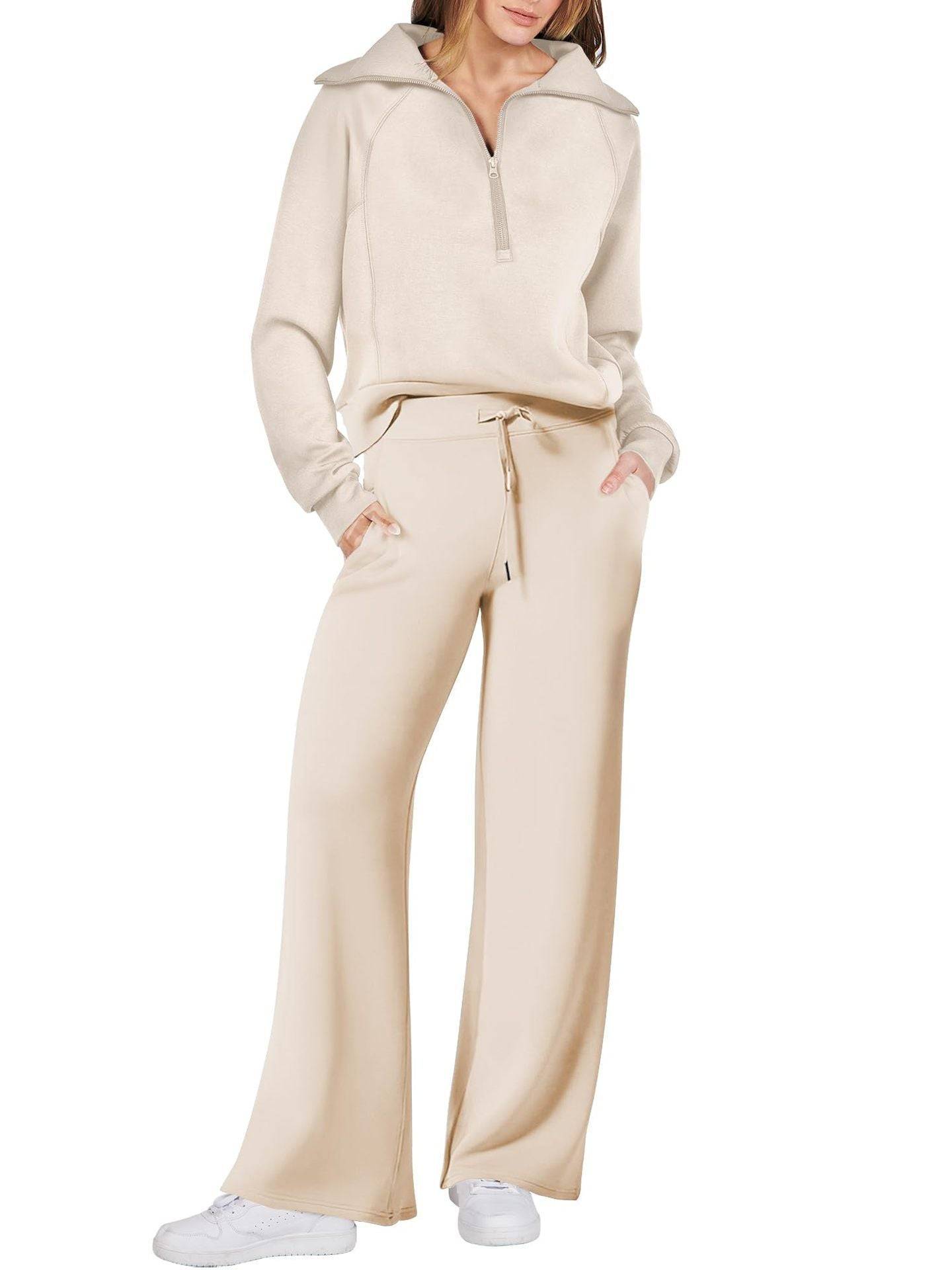 Two Piece Set Zip Sweatshirt Wide Leg Pants Suit