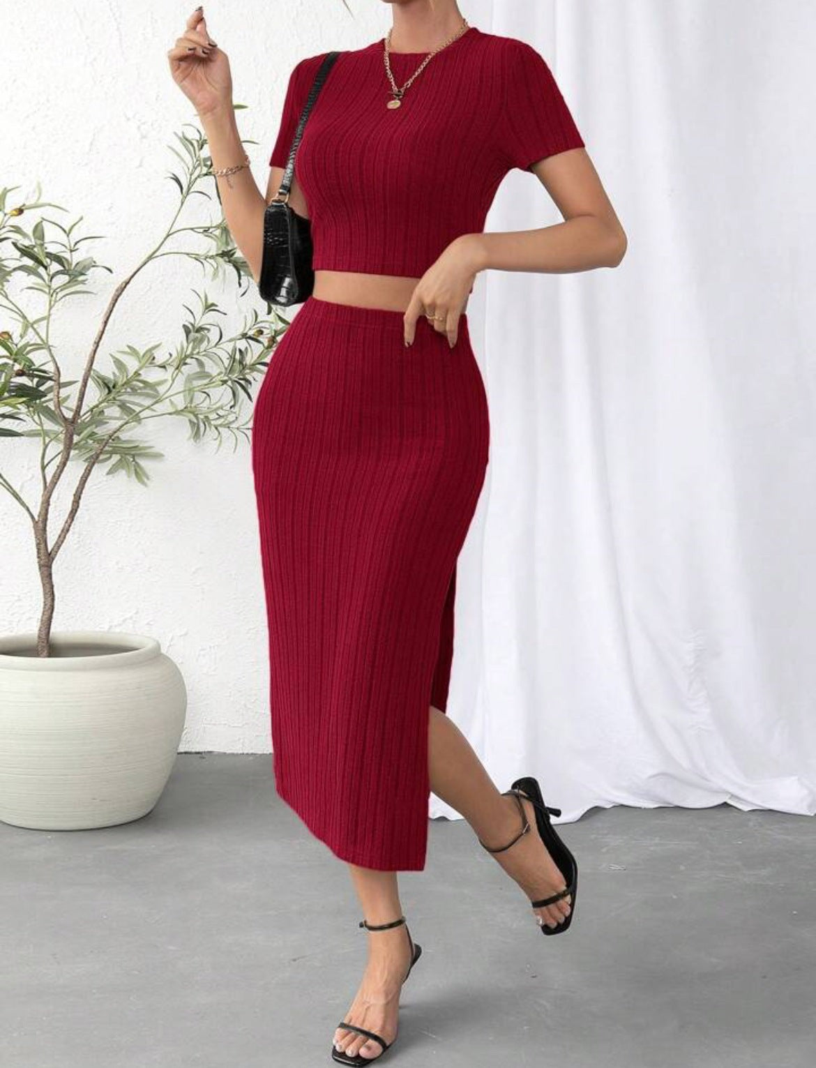 High Waist Skirt and Top Set Slim Fit Side Detail Two Piece
