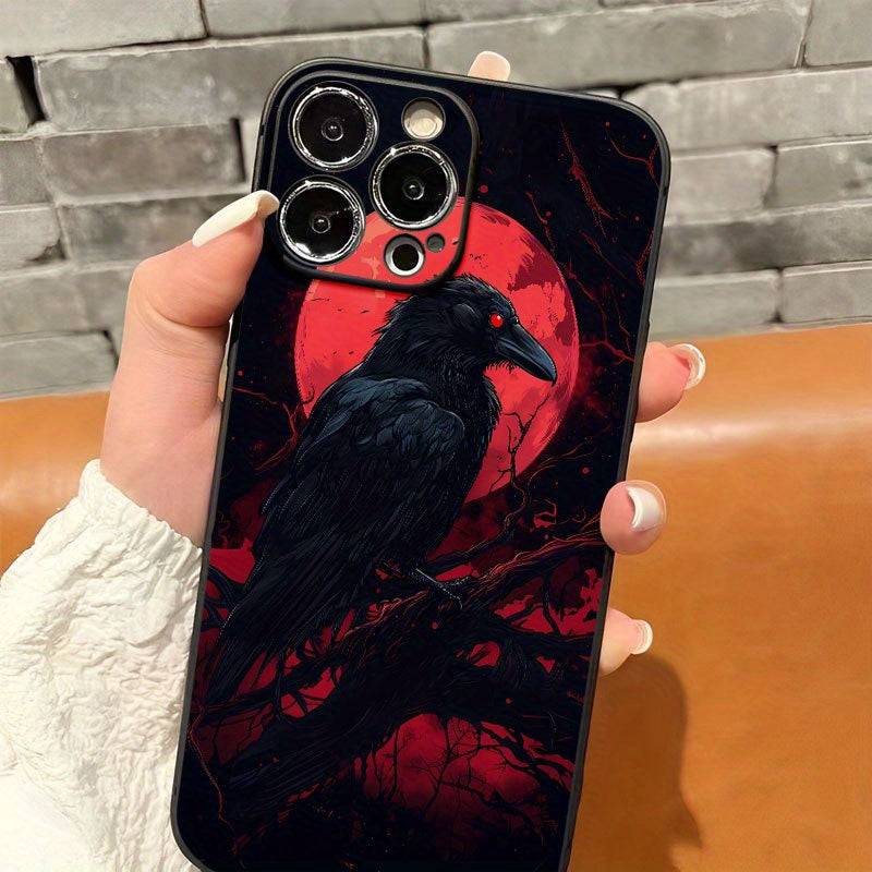 Raven Pattern Phone Case Blood Moon & Dark Forest Design Shockproof TPU Protective Cover for iPhone 11–16 Pro, Plus & Pro Max Models