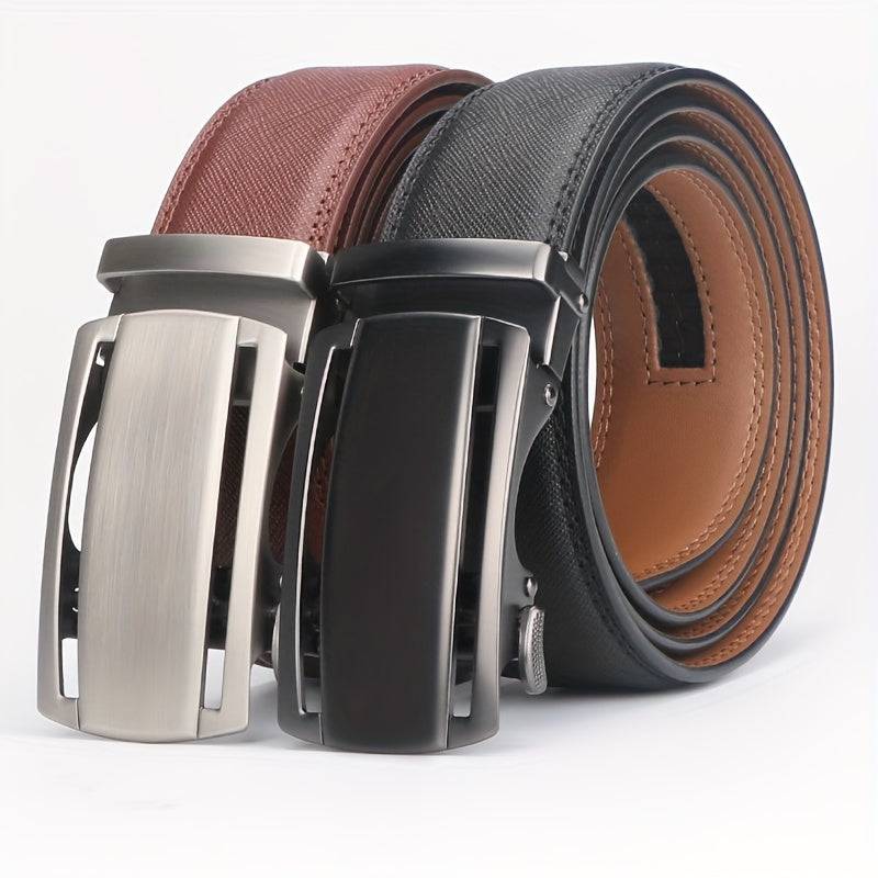 2pcs Men’s Genuine Leather Ratchet Belts – Adjustable Automatic Buckle with Durable Alloy, High-Quality Belts for Casual & Business Wear