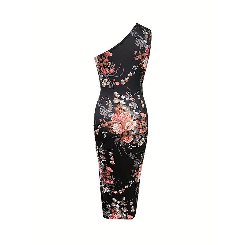 One Shoulder Floral Ruched Dress with High Split Hem