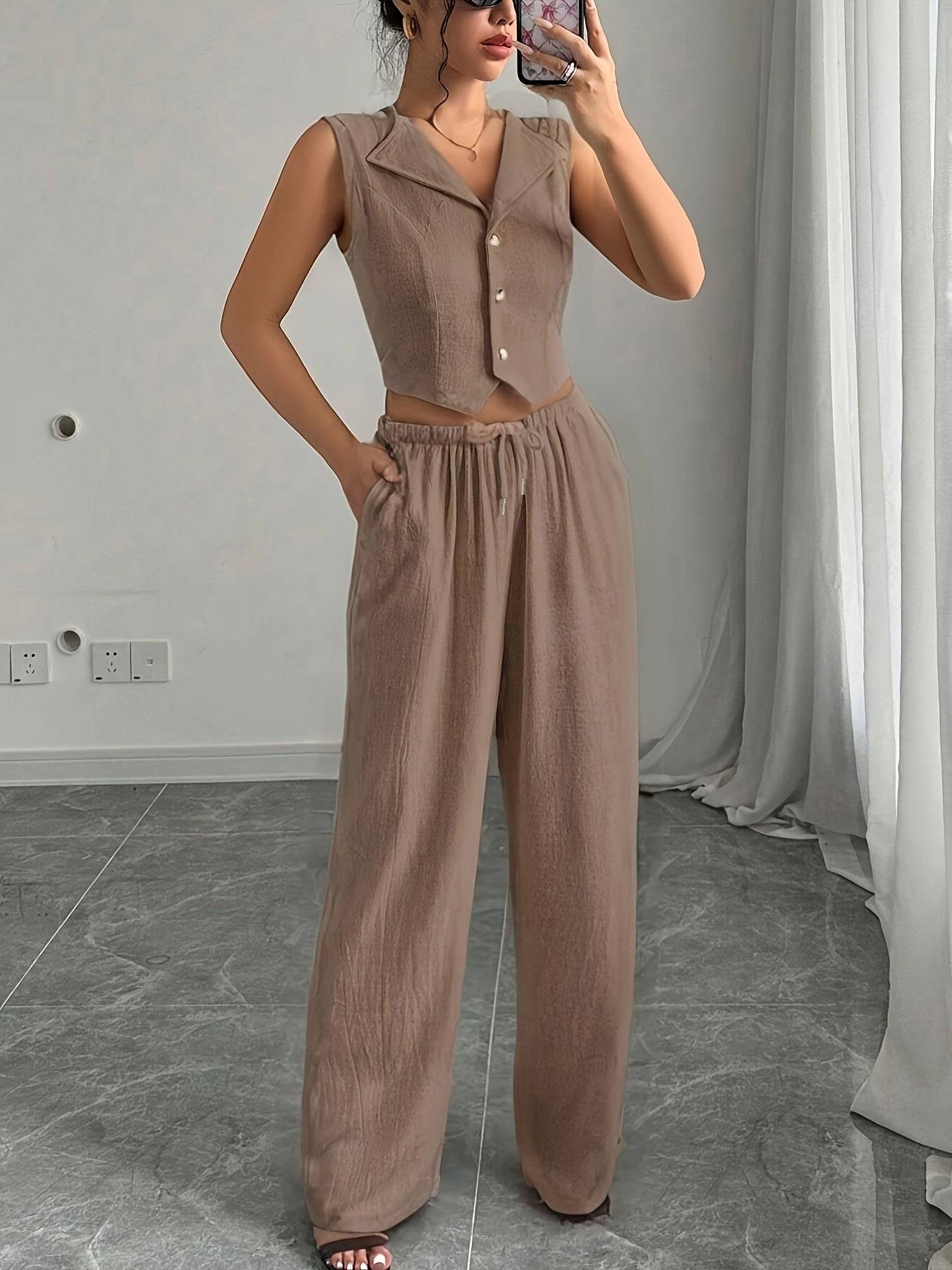 Women’s Two-Piece Set – Sleeveless Blazer Collar Top & Casual Pants for Work, Outings & Holidays