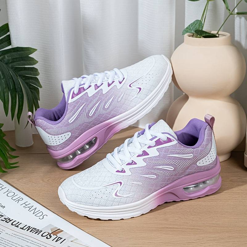 Purple and white women's mesh sneakers with striped design and air cushion sole, offering breathable comfort and shock absorption.