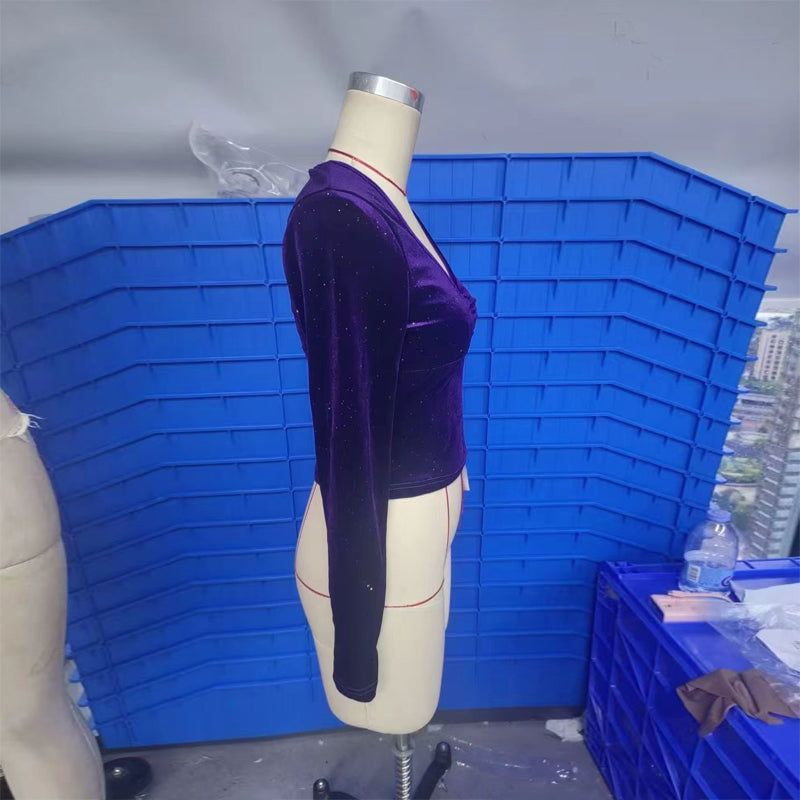 Blouse Velvet V Neck Long Sleeve Sequin Elegant Solid Top