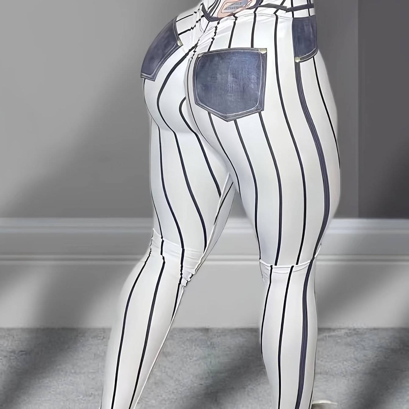 Women's High-Waisted Denim Print Leggings, Stretchy 9" Length Pants with Striped Pattern and Fake Pockets, Slim Fit for Gym and Casual Wear