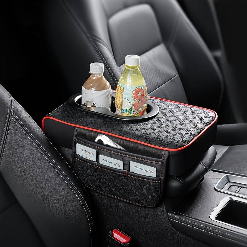 Universal Car Center Console Organizer with 2 Cup Holders and 2 Pockets, Faux PU Leather Armrest Cover with Multifunctional Storage for Phone and Accessories