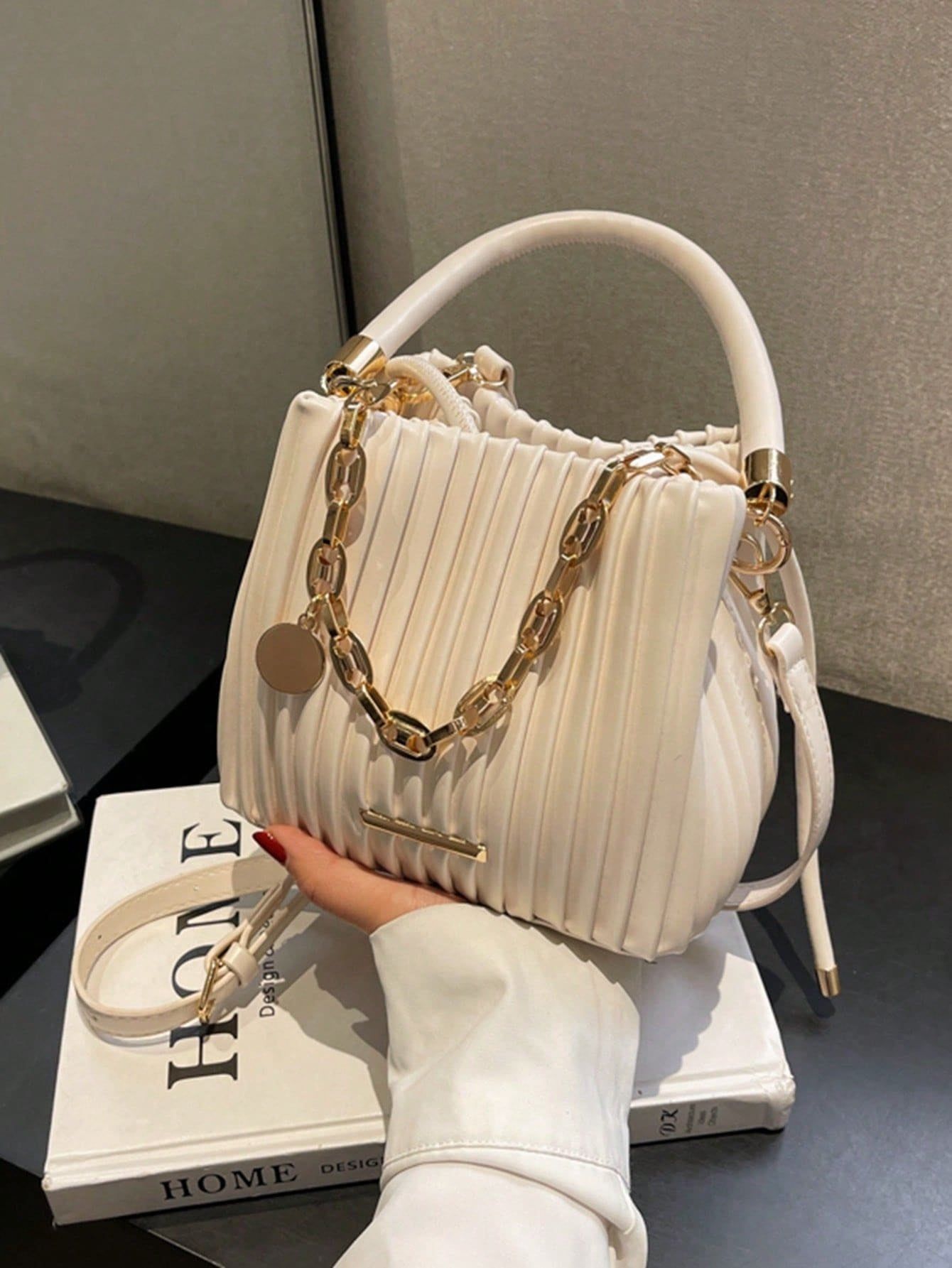 Women Tote Bag Pleated Chain Bucket Shoulder Handbag