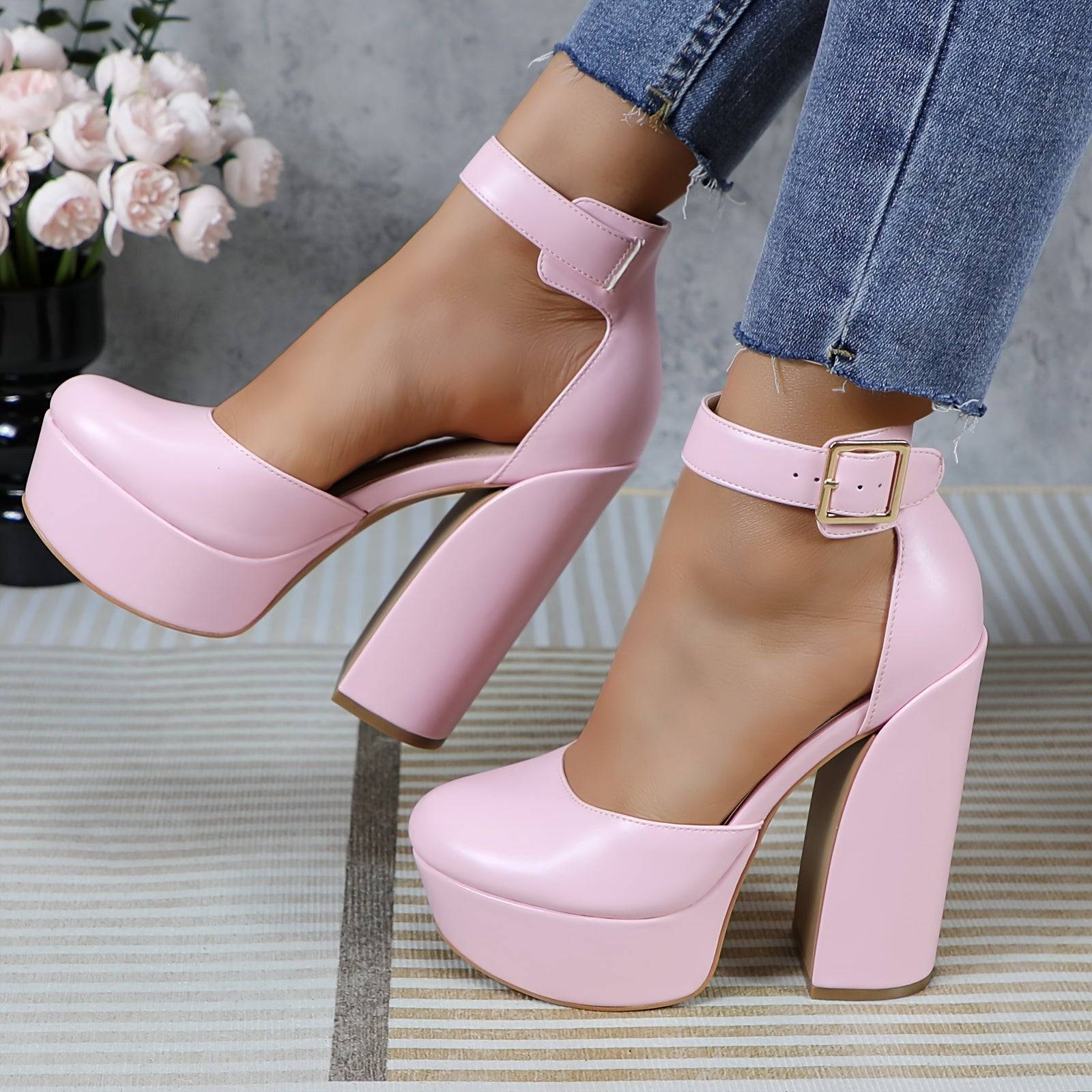 Women's Pink Platform Mary Jane Pumps, Chunky Block Heel with Adjustable Strap, Closed Toe PU High Heels for Parties and Weddings