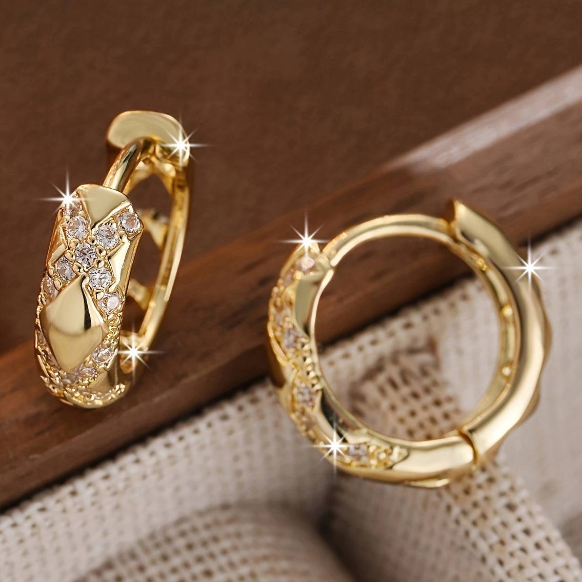 1 Pair Women’s 18K Gold Plated Hoop Earrings, Copper with Synthetic Zirconia in Bohemian Vintage Style