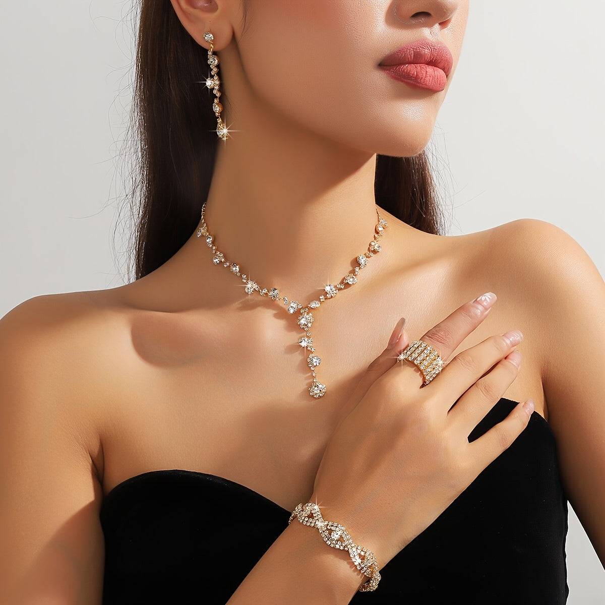 5pcs Women’s Rhinestone Accessory Set – Wallet, Clutch Bag, Necklace, Earrings & Bracelet for Brides and Formal Events