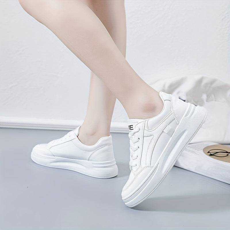 Women’s All-Season Lace-Up Sneakers – White Casual Shoes with Round Toe, Thick Platform Sole & Durable PVC Outsole