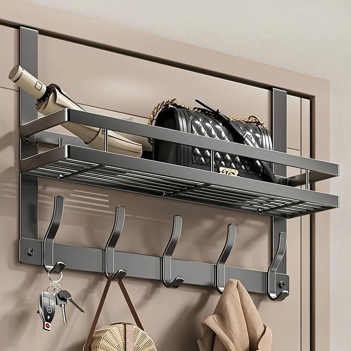 Over-the-Door Metal Organizer Rack Heavy-Duty 5-Hook Space-Saving Storage for Bathroom, Bedroom & Kitchen No-Drill Multifunctional Design